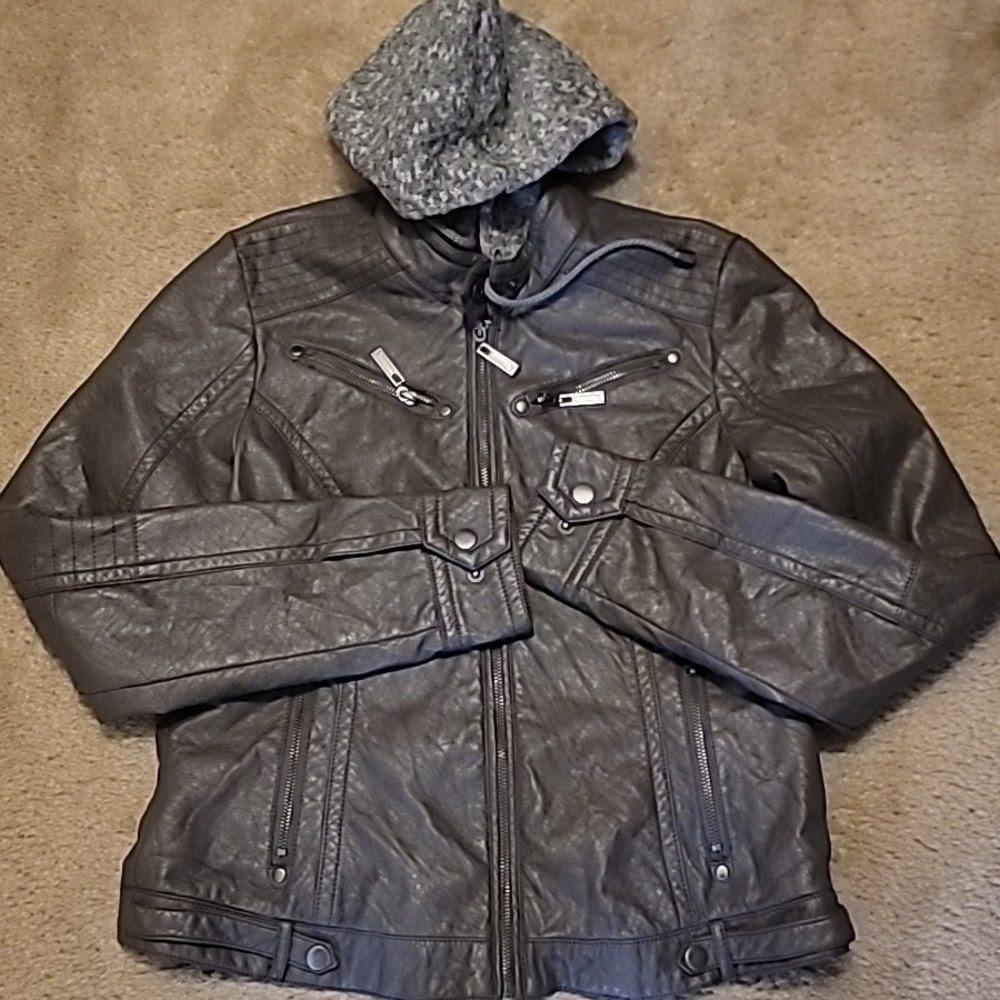J2 Jou Jou Juniors' Faux-Leather Knit-Hood Jacket
